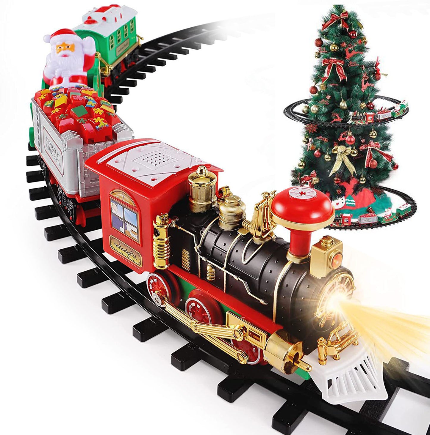 US Local Electric Train Set Kid Toy Xmas Steam Train Kit Tree Surround Track Battery Operated With Sound Light Santa Claus Christmas Gift