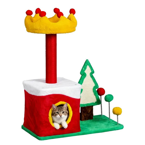 US Local 29.5in Christmas Themed Plush Cat Tree, Multi-level Cat Tower With Cat Condo, Top Crown Perch, Sisal Scratching Posts, Cat Pet Activity Center For Indoor Cats