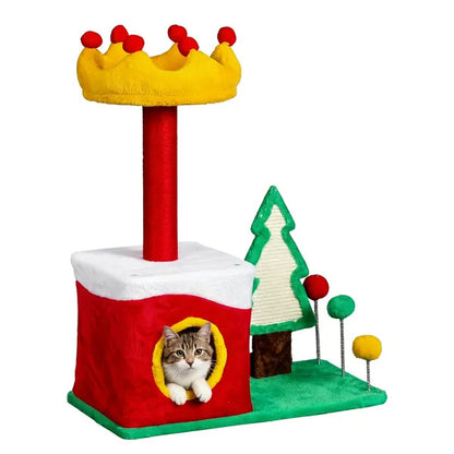 US Local 29.5in Christmas Themed Plush Cat Tree, Multi-level Cat Tower With Cat Condo, Top Crown Perch, Sisal Scratching Posts, Cat Pet Activity Center For Indoor Cats
