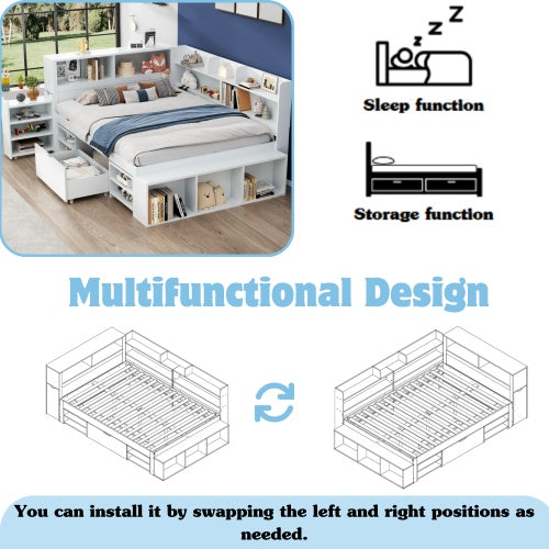 UK Local Children's Bed, Double Bed-4ft6  135x190cm  Multifunctional Children's Bed With Drawers, Bookcase And Storage Cupboard, Large Storage Space, Slatted Frame, Without Mattress, White