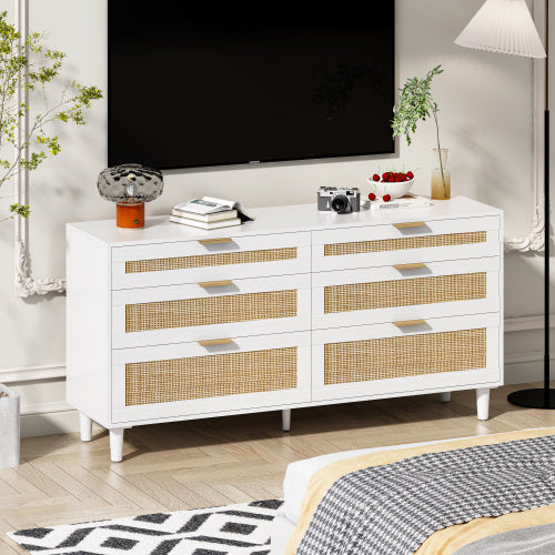 US Local Rattan Dresser With Drawers, 6 Drawer Dresser For Bedroom, Clothes Storage Cabinet For Bedroom, Metal Handle&Wood Legs For Hallway, Living Room, Bedroom,White