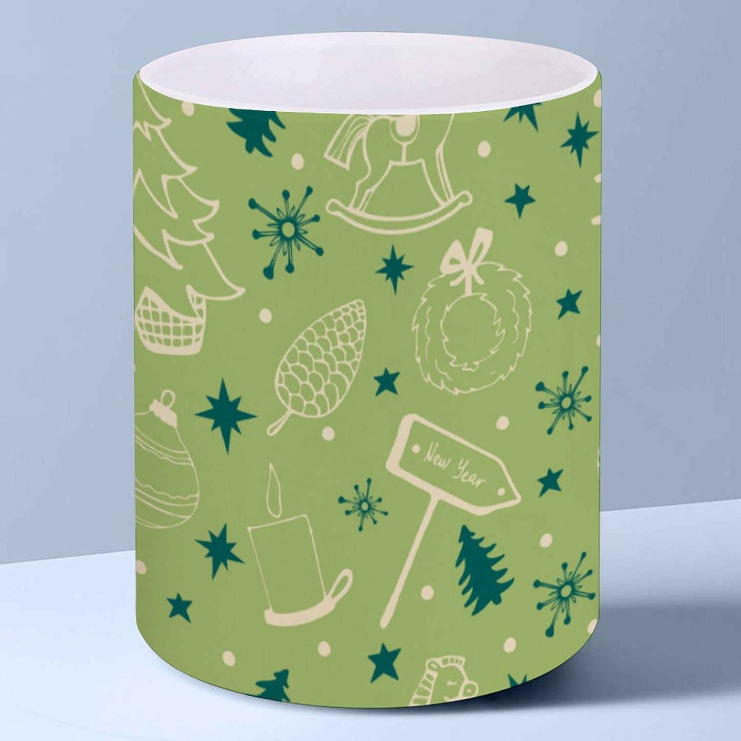 POD US Local White mug with full print, Christmas Trees, New Year, Trojans, Pinecones 0084