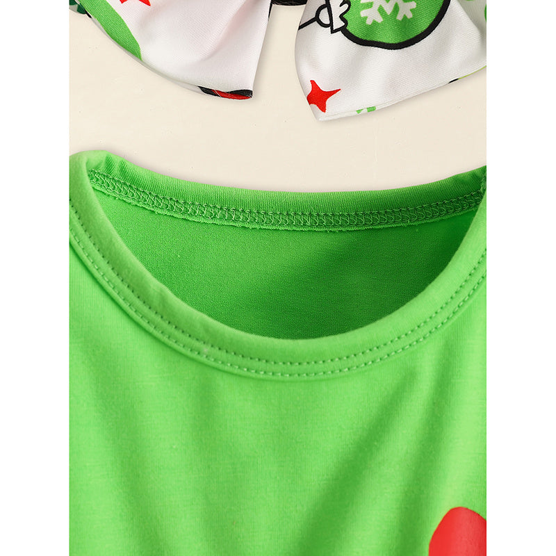 US Local Toddler Baby Girls Christmas Clothes Ruffle Long Sleeve Heart Print Tops Dress Christmas Ball Print Flared Pants With Headband Outfits Set