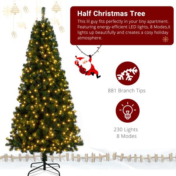 US Local 7ft 881 Branch Half Christmas Tree With 230LED Lights PVC Branch Iron Bracket Tender Green Christmas Tree