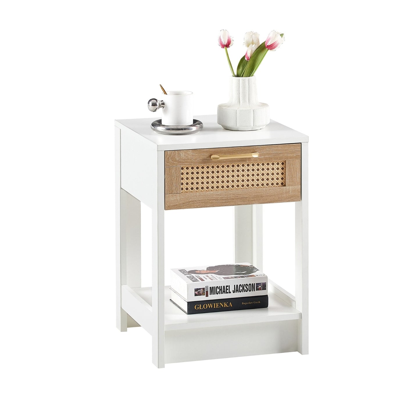 US Local 15.75 Rattan End Table With Drawer, Modern Nightstand For Bedroom, White