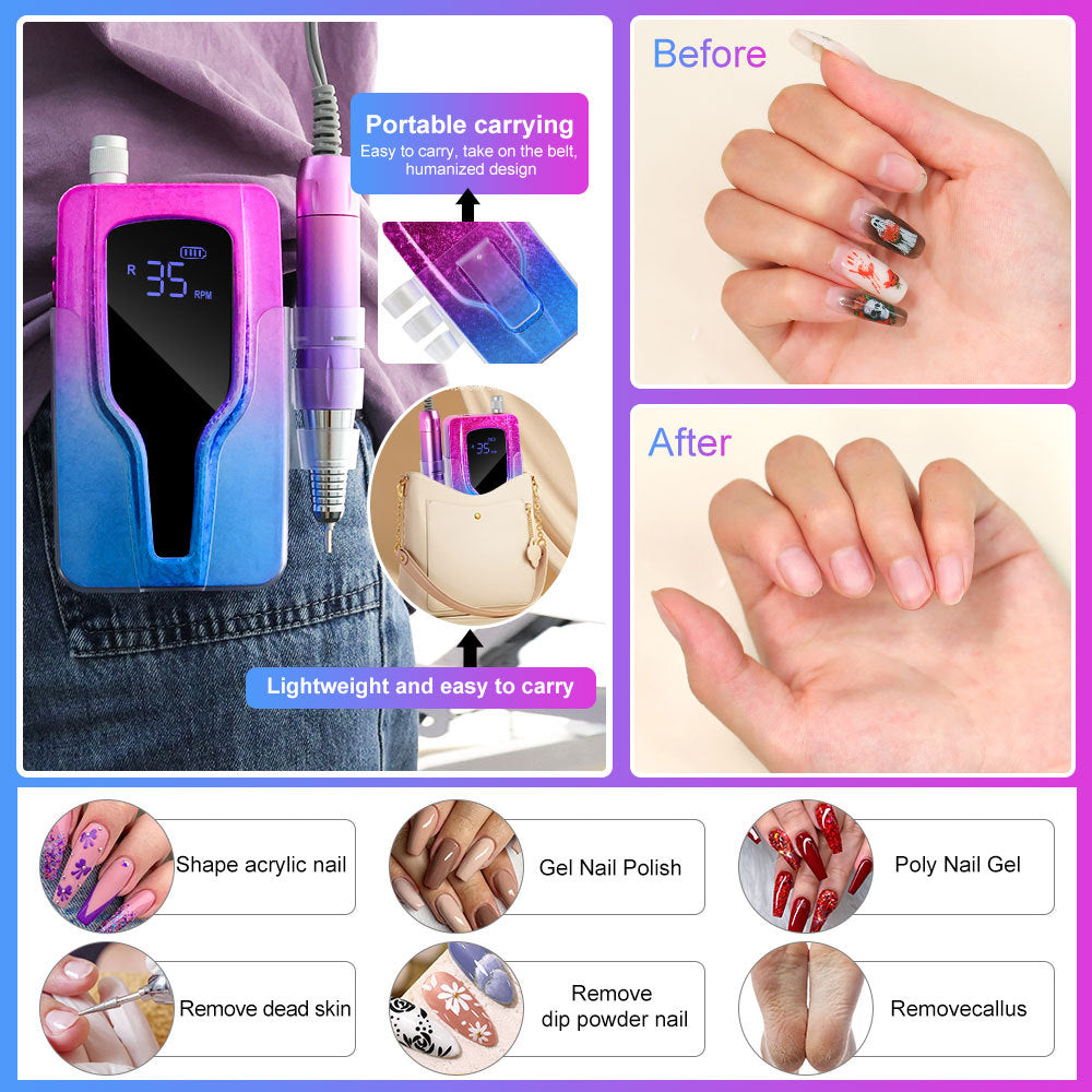US Local Professional Electric Nail Drill, 45000 RPM Cordless Rechargeable E-File Machine, With 12 Bits, Sanding Bands, LCD Display For Acrylic Gel Nails