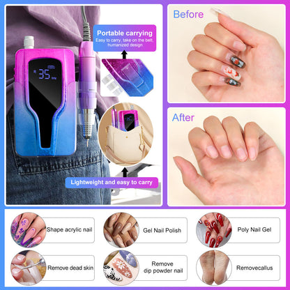US Local Professional Electric Nail Drill, 45000 RPM Cordless Rechargeable E-File Machine, With 12 Bits, Sanding Bands, LCD Display For Acrylic Gel Nails