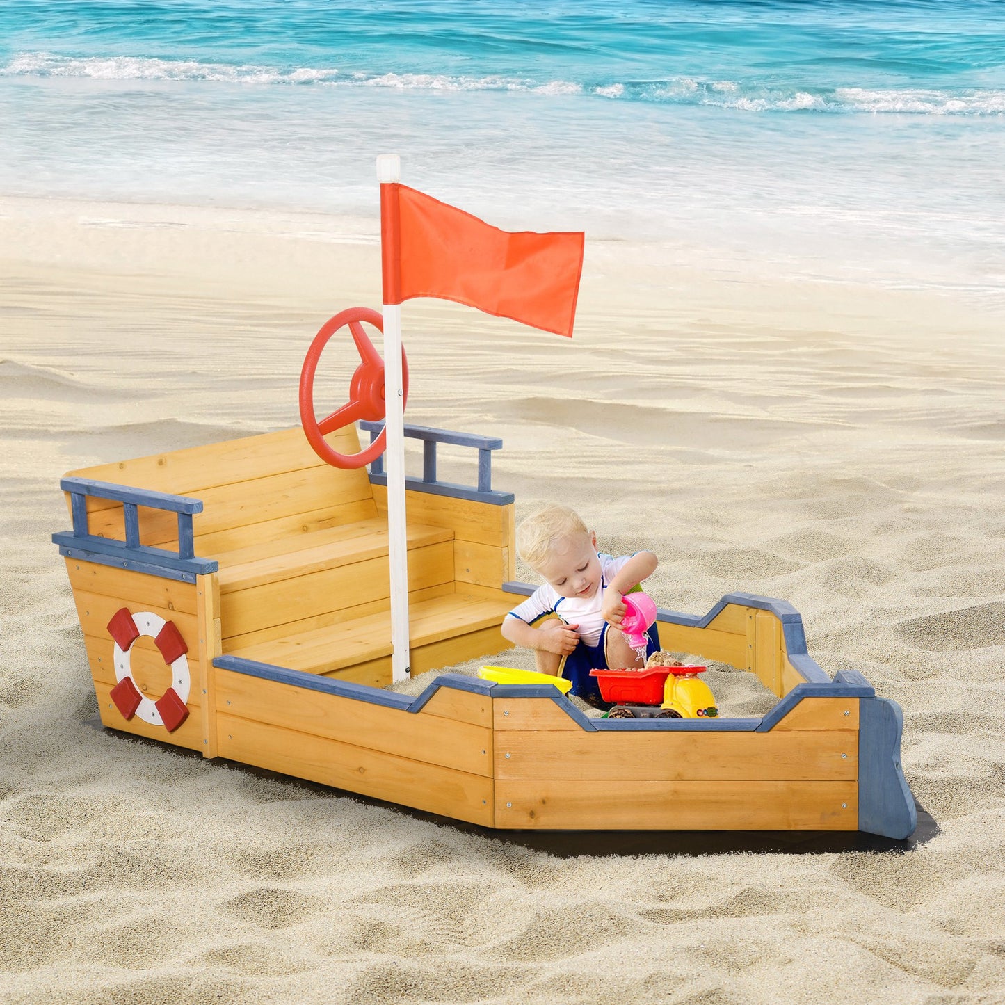 US Local Kids Sandbox Pirate Ship Sandboat w/ Bench Seat Storage Space Ceder