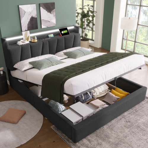 UK Local Upholstered Double Bed With USB Charging Function, Storage Headboard And LED Lighting, 5ft King Size Bed Storage Bed Frame 150 X 200 Cm, Wooden Slatted Frame, Grey No Mattress
