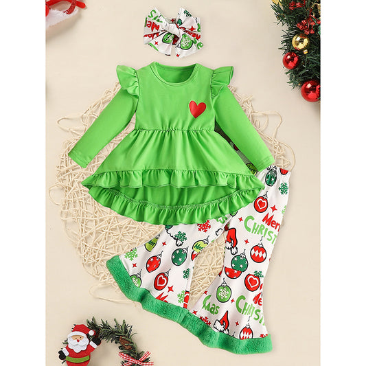 US Local Toddler Baby Girls Christmas Clothes Ruffle Long Sleeve Heart Print Tops Dress Christmas Ball Print Flared Pants With Headband Outfits Set