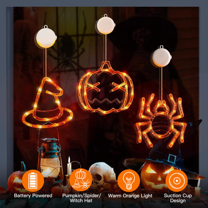 US Local Set Of 3 Pack Halloween Window Light Spider Witch Hat Pumpkin With Orange Light Hanging Halloween Decoration Light With Suction Cup Hanging Holes