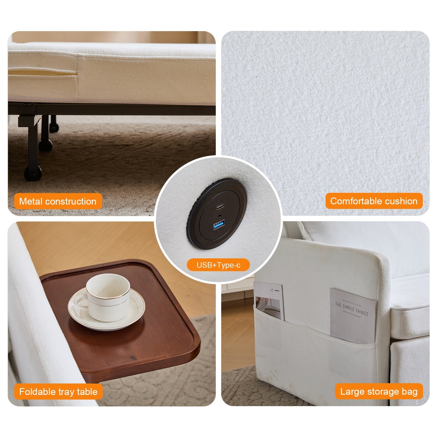 US Local Adult Sleeper Chair Bed, 3-in-1 Convertible Sofa Chair Bed Pull-out Sofa Bed, Convenient Folding Tray Table With USB And Type-C Charging Ports Modern Loveseat For Living Room