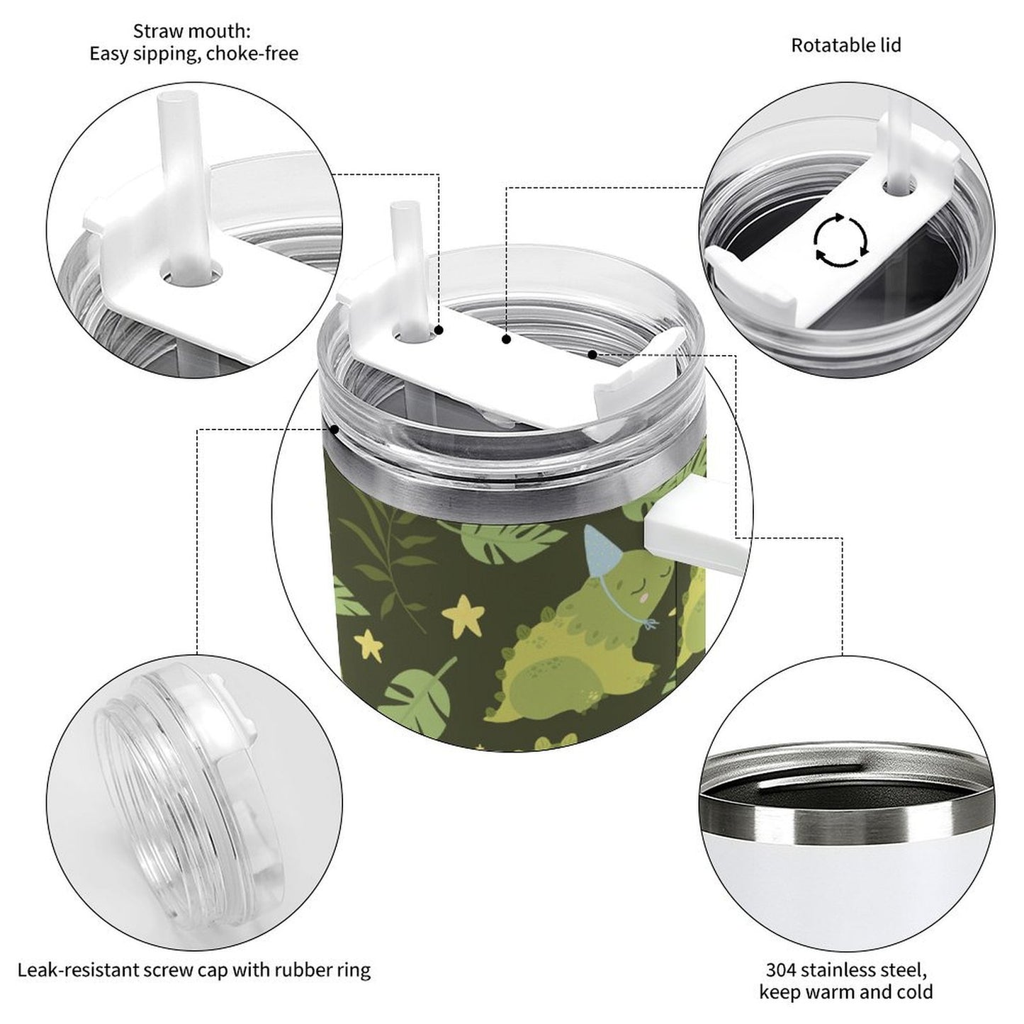 PHDT00542 POD US Local Tumbler 40oz Large Capacity Car Cup Green, Dinosaur