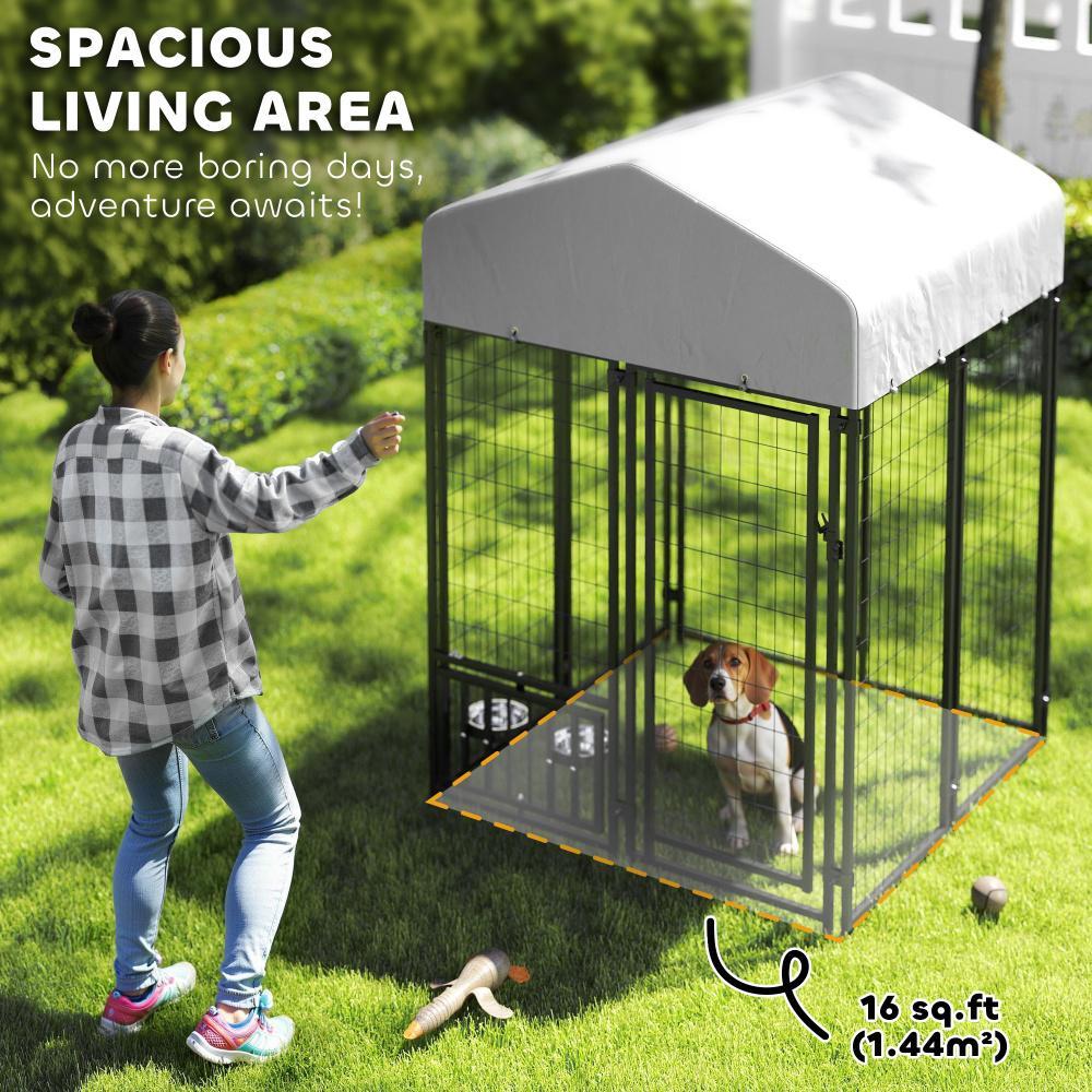 US Local Welded Wire Outdoor Dog Kennel With 360 Rotating & 4 Levels Adjustable Bowls, Waterproof Cover, 3.9 X 3.9 X 6