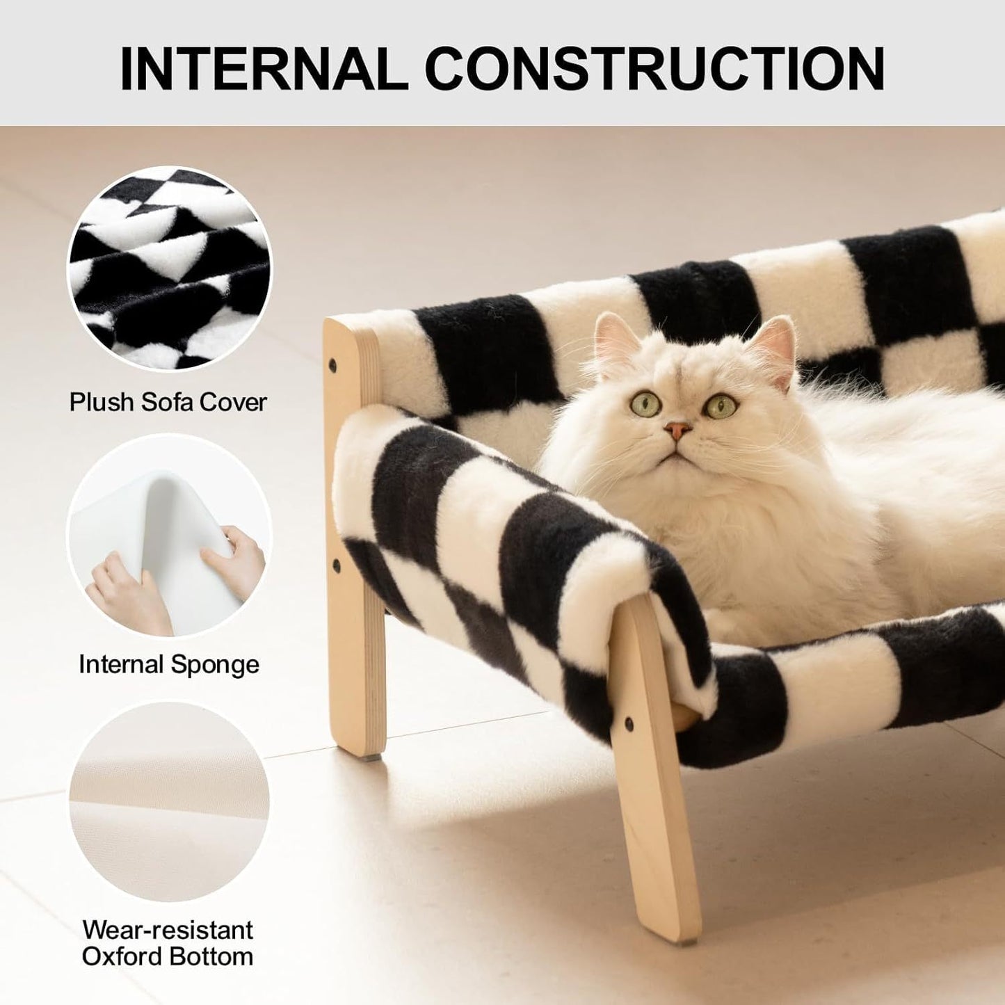 US Local MEWOOFUN Raised Cat Bed With Wooden Legs - Sturdy Cat Sofa Holds 15kg, 56x45cm Soft Checkerboard Couch With Removable Washable Cover For Indoor Cats & Kittens