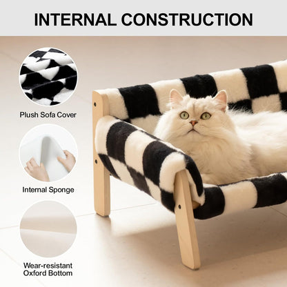 US Local MEWOOFUN Raised Cat Bed With Wooden Legs - Sturdy Cat Sofa Holds 15kg, 56x45cm Soft Checkerboard Couch With Removable Washable Cover For Indoor Cats & Kittens