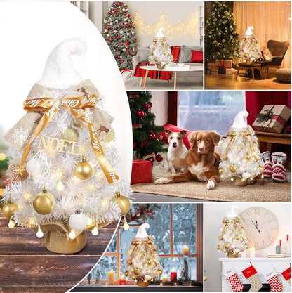 24 - Inch Snowy Christmas Tree. Golden Balls, Ribbons & Festive Hat