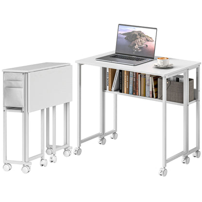 US Local Folding Computer Desk, Foldable Desk With Storage Bag, Shelf And Wheels For Small Spaces, Home Office, White