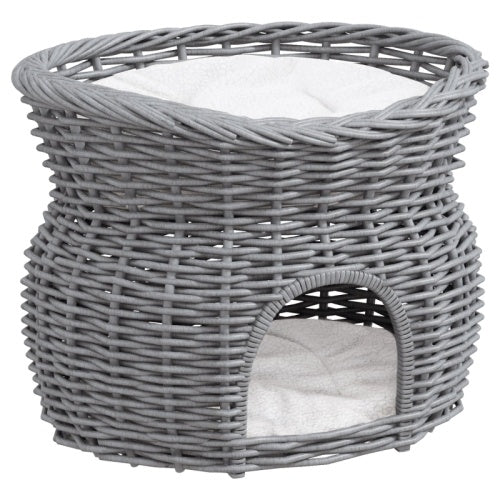 UK Local PawHut 2-Tier Wicker Cat House Elevated Pet Bed Basket Willow Kitten Tower Pet Den. With Washable Cushions 56x37x40cm Grey
