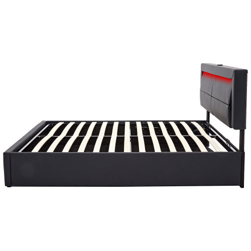 UK Local Upholstered Bed 150 X 200 Cm, King Size Bed-5ft,with USB Port Supports Wireless And Wired Charging, With LED Lighting And Storage Space, Without Mattress, PU Lychee Pattern, Black