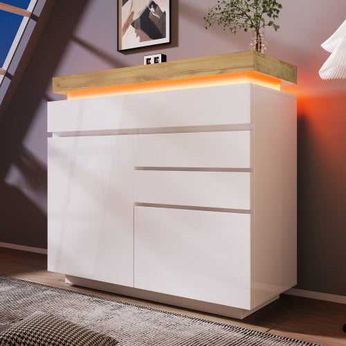 UK Local Chest Of Drawers,High-gloss Sideboard Cabinet With 2 Doors And 3 Drawers,Storage With RGB LED App-controlled,Multi-purpose Cabinet For Living Room And Bedroom, 115 X 110 X 39 Cm, White