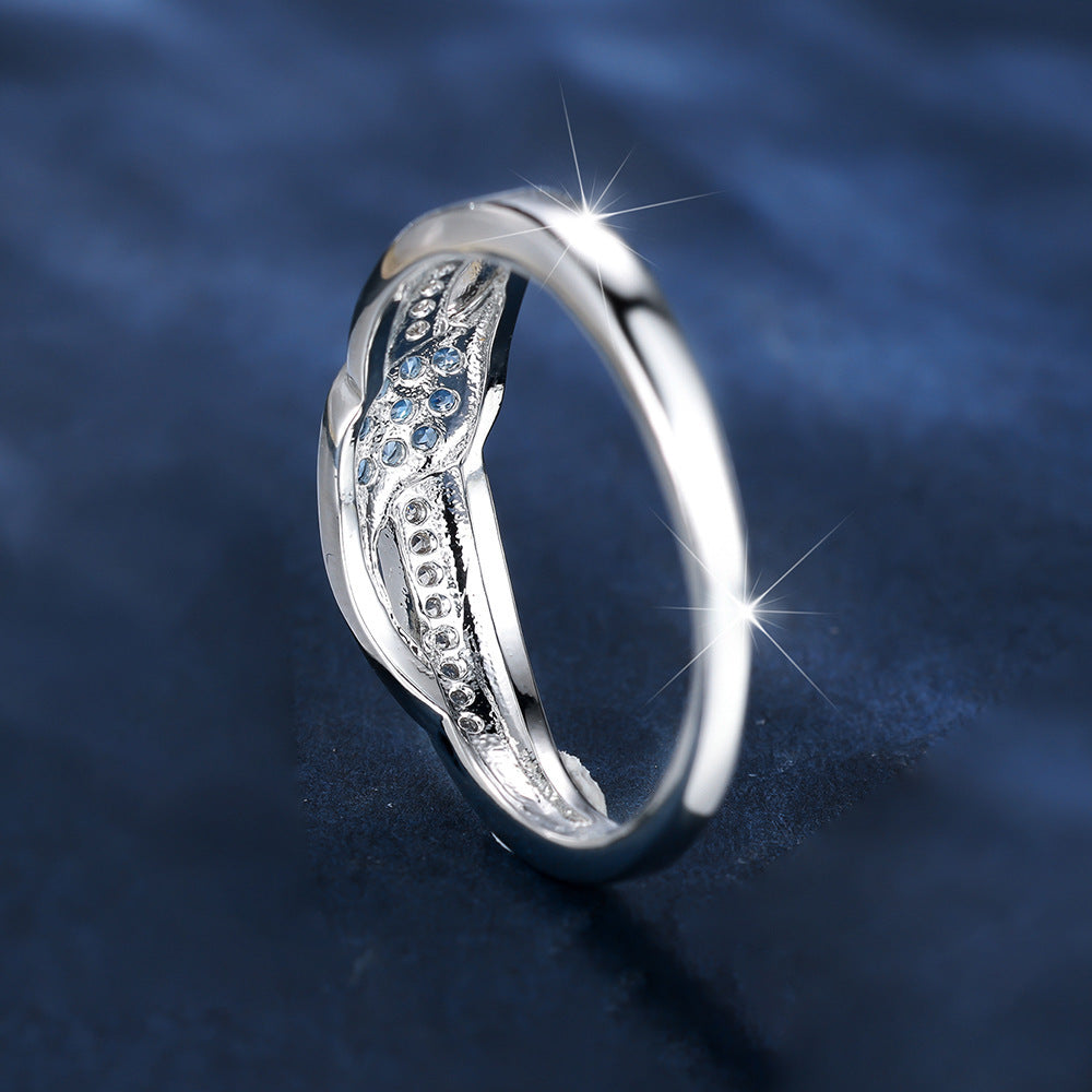 Sea Blue Diamond Edge Inlaid White Diamond Leaves Ring