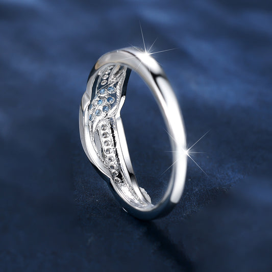 Sea Blue Diamond Edge Inlaid White Diamond Leaves Ring