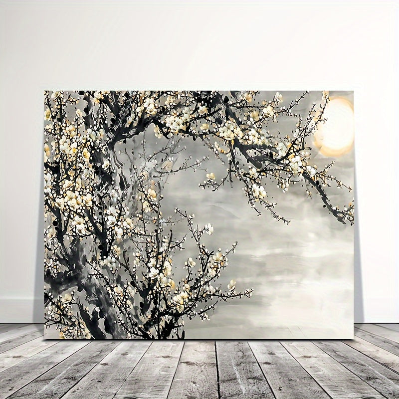 US Local 1 Framed Wooden Canvas Painting, Yellow Flowers And White Decorative Trees, Framed Wall Art, Suitable For Living Room And Bedroom, Home Decoration, Holiday Gift