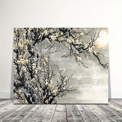 US Local 1 Framed Wooden Canvas Painting, Yellow Flowers And White Decorative Trees, Framed Wall Art, Suitable For Living Room And Bedroom, Home Decoration, Holiday Gift