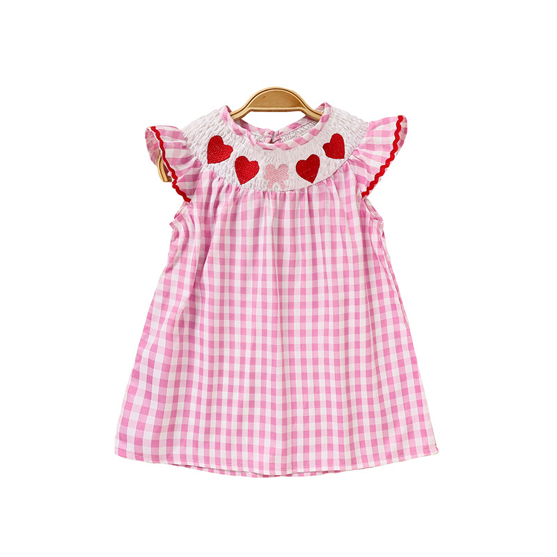 US Local Infant Baby Girls' Valentine's Day Dress Pink Plaid With Heart Embroidery, Smocked Ruffle Sleeves