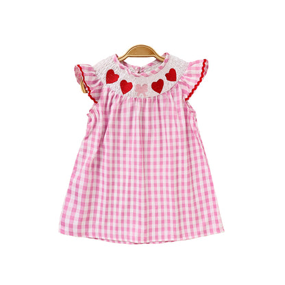 US Local Infant Baby Girls' Valentine's Day Dress Pink Plaid With Heart Embroidery, Smocked Ruffle Sleeves