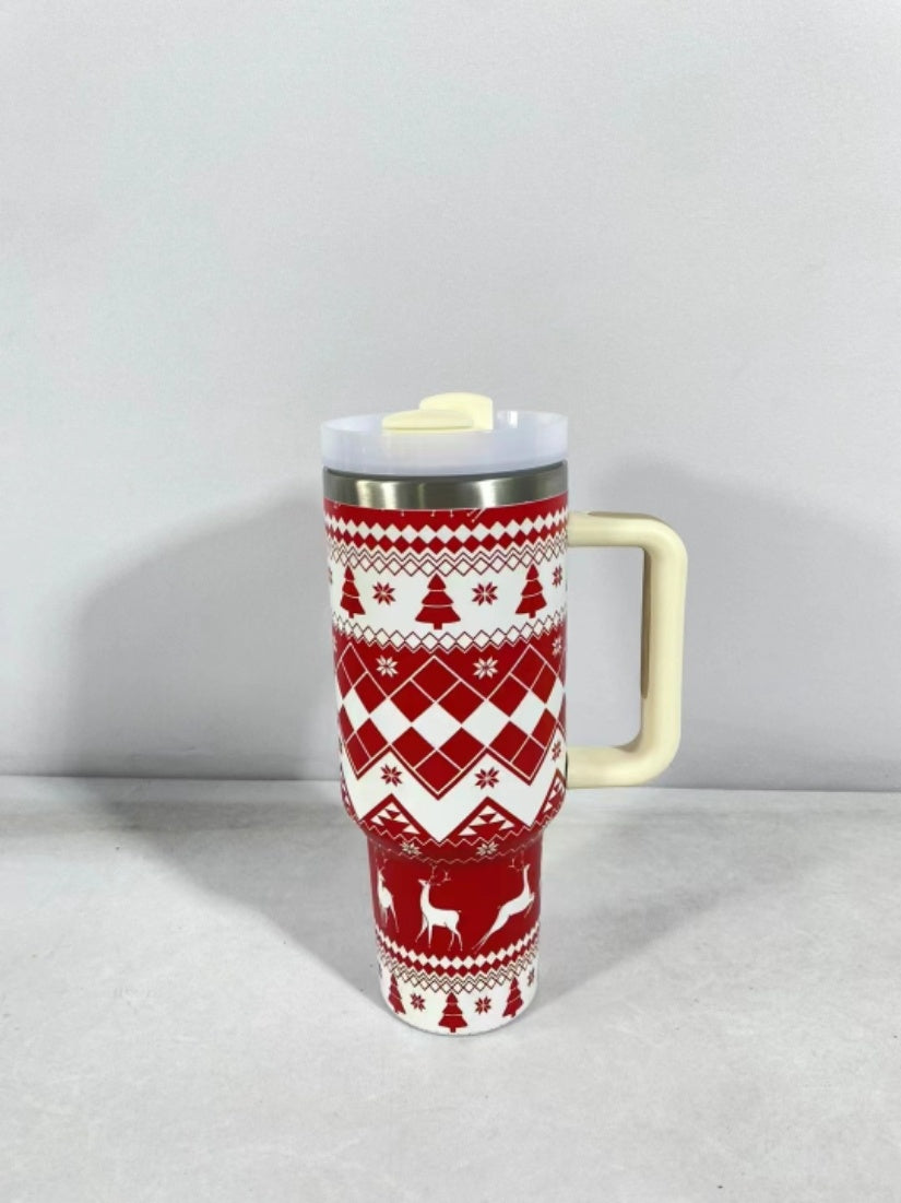 Christmas Pattern Mug With Handle Lid Straw Drinkware Stainless Steel Vacuum Tumbler Large Capacity Car Travel Coffee Cup