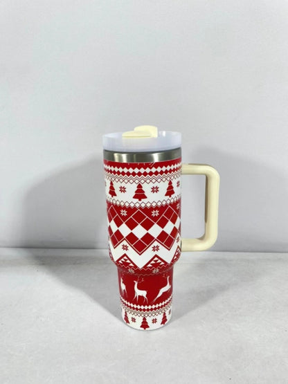 Christmas Pattern Mug With Handle Lid Straw Drinkware Stainless Steel Vacuum Tumbler Large Capacity Car Travel Coffee Cup