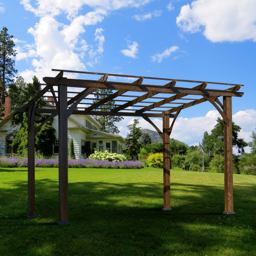US Local 12' X 10' Outdoor Pergola, Wood Grape Gazebo For Climbing Plant Support, Garden, Patio, Backyard, Deck, Brown