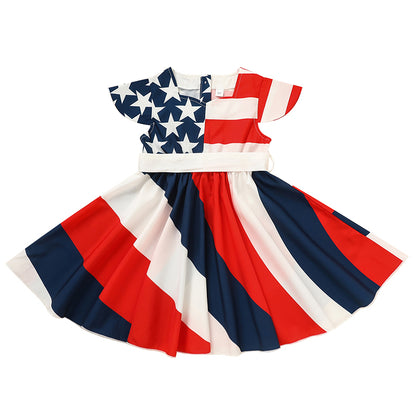 US Local Toddler Girls' Independence Day Dress Red White & Blue Stripes And Stars Short Sleeve Twirl Dress 4th Of July