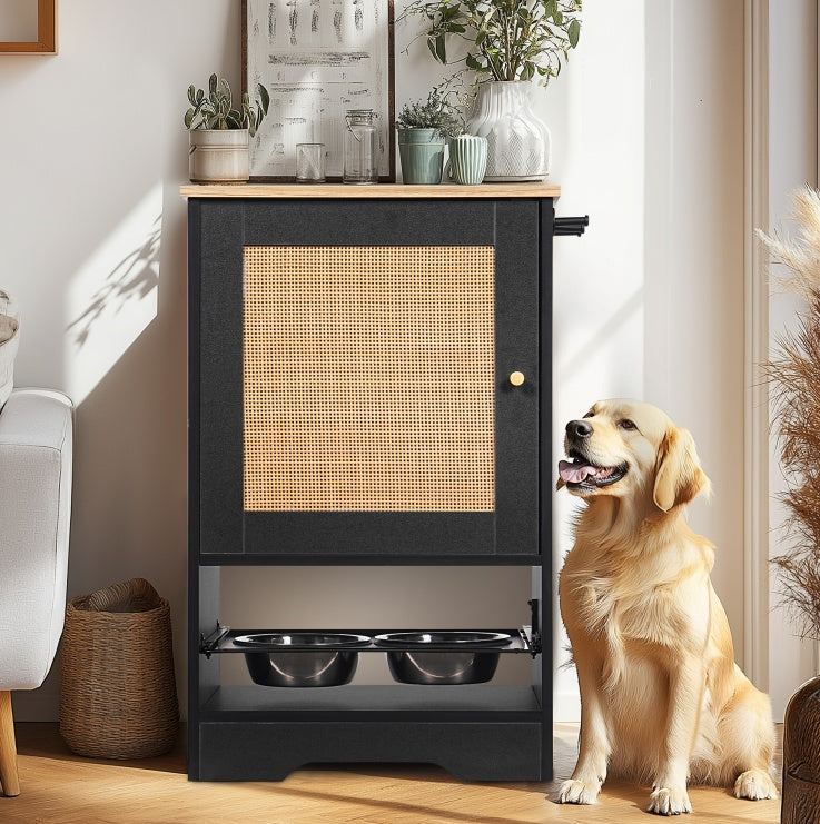 US Local Feeding Station With 1 Locker, Pet Feeding Station With 2 Overhead Dog Bowls, Side Hooks, Anti-Tipping Kit, Concealed Pet Feeding Station For Feeding And Drinking, Black