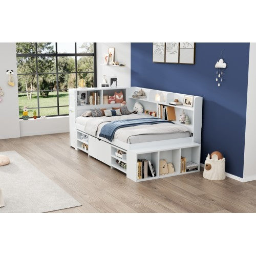 UK Local Children's Bed, Single Bed-3ft 90x190cm, Single Bed, Multifunctional Children's Bed With Drawers, Bookcase And Storage Cupboard, Large Storage Space, Slatted Frame, Without Mattress, White