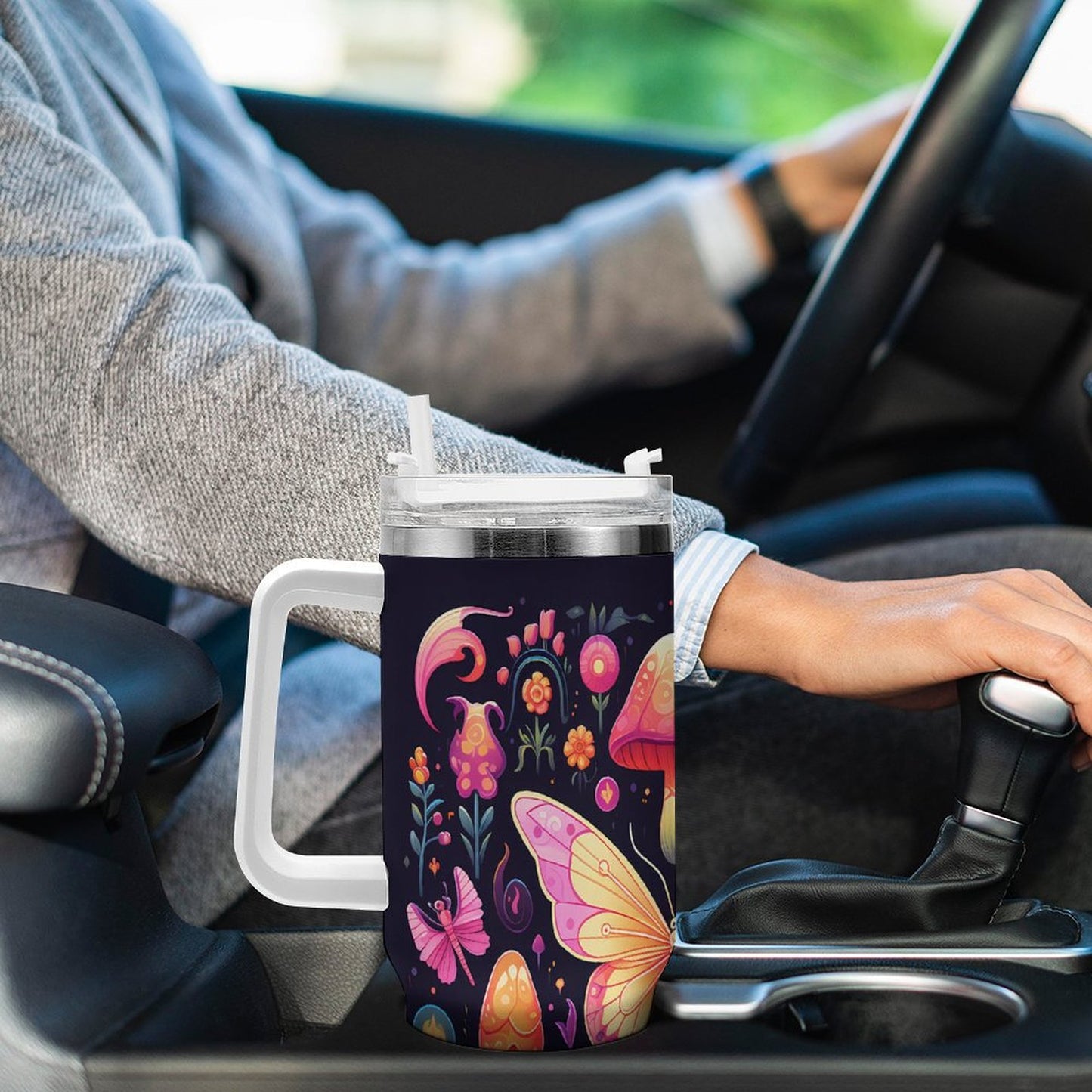 PHDT00528 POD US Local Tumbler 40oz Large Capacity Car Cup Butterflies, Mushrooms, Vitality