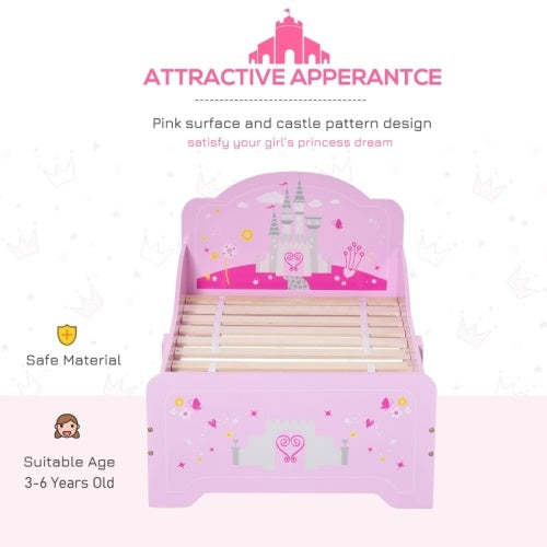 UK Local HOMCOM Kids Bed Princess Castle Theme W Side Rails Slats Home Furniture For 3 - 6 Yrs Pink 143 X 73 X 60 Cm