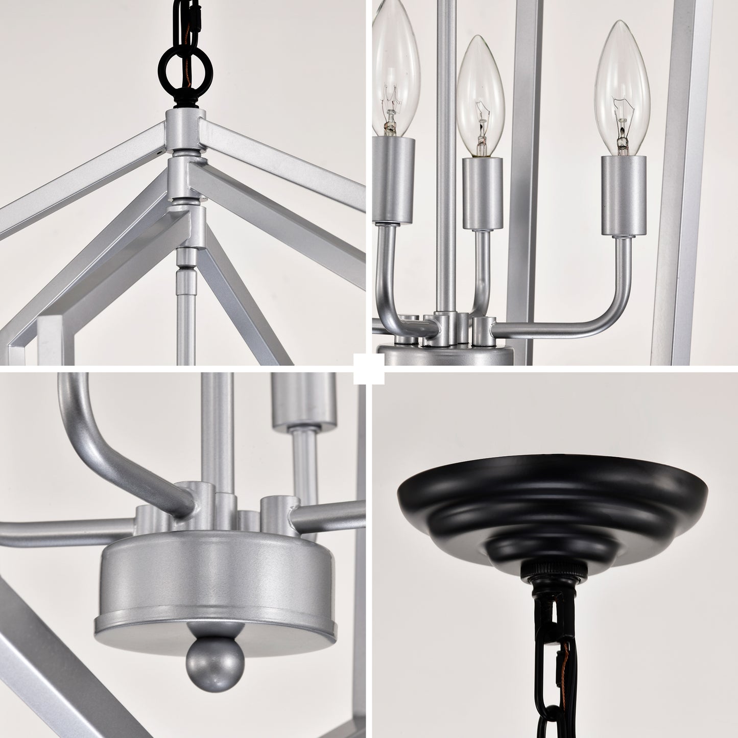 US Local 4-Light Farmhouse Chandeliers, Matte Black And Sliver Matte Black Vintage Cage Light Fixture ,Adjustable Height Chandeliers For Dining Room, Bedroom, Living Room, Confere E12 Bulbs Not Included