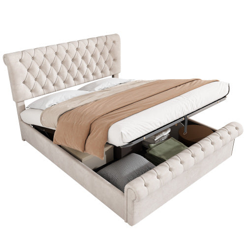 UK Local Upholstered Bed 5ft,150x200, 5ft King Bed, Luxurious Velvet Button-Tufted Sleigh Bed Storage, Functional Bed With Slatted Frame And Storage, Beige