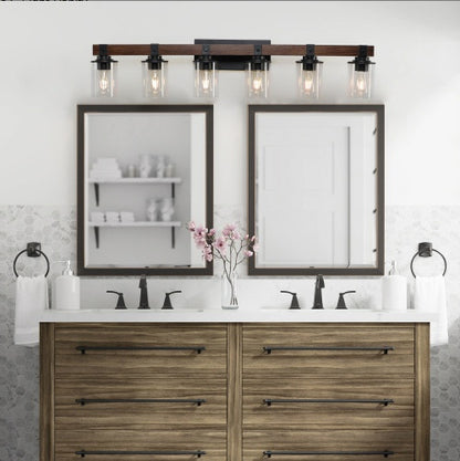 US Local 42 Rustic 6-Light Vanity Light, Industrial Bathroom Wall Sconce With Glass Shades And Wood Accent, Modern Farmhouse Lighting Fixture No Bulbs