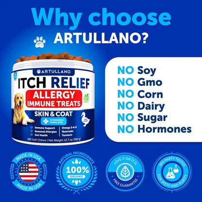 US Local Dog Allergy Relief Chews Itching Skin Relief For Dogs Fish Oil 3 Seasonal Allergies Pills Skin & Coat Anti ItchHot Spots Treatment Canine Immune Health Supplement 180 Soft Treats