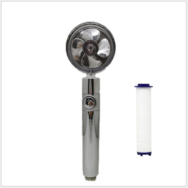 US Local Propeller Driven Shower Head With Stop Button And Cotton Filter Turbocharged High Pressure Handheld Shower Nozzle