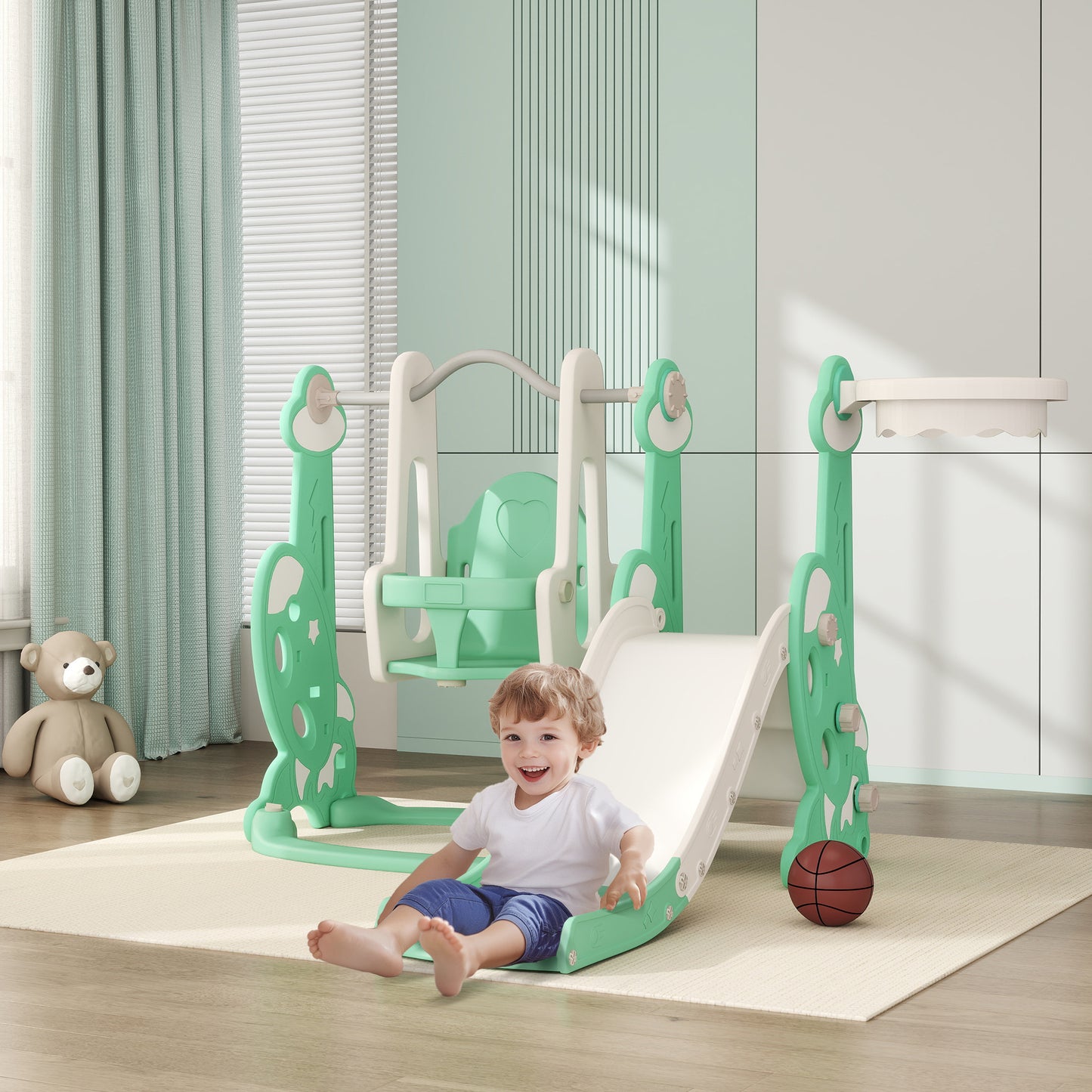 US Local 4 In 1 Toddler Slide And Swing Set For Ages 1.5-4, Toddler Playset Playground With Climber, Basketball Hoop, Green