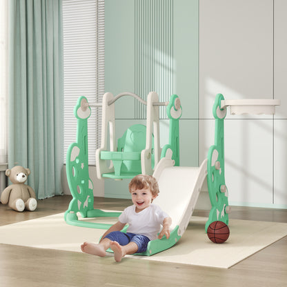 US Local 4 In 1 Toddler Slide And Swing Set For Ages 1.5-4, Toddler Playset Playground With Climber, Basketball Hoop, Green