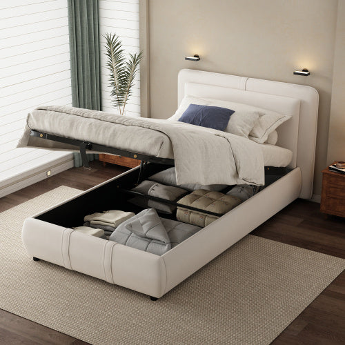 UK Local Upholstered Bed, Hydraulic Bed With Storage Function, 3ft Single Bed 90x190cm, Durable And Sturdy, Removable Soft Headboard Backrest, Velvet  Plywood, Beige