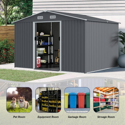 US Local Outdoor Storage Shed 8 X 10 FT Large Metal Tool Sheds  Heavy Duty Storage House With Sliding Doors With Air Vent For Patio Lawn To Store Bikes Tools, Lawnmowers Grey