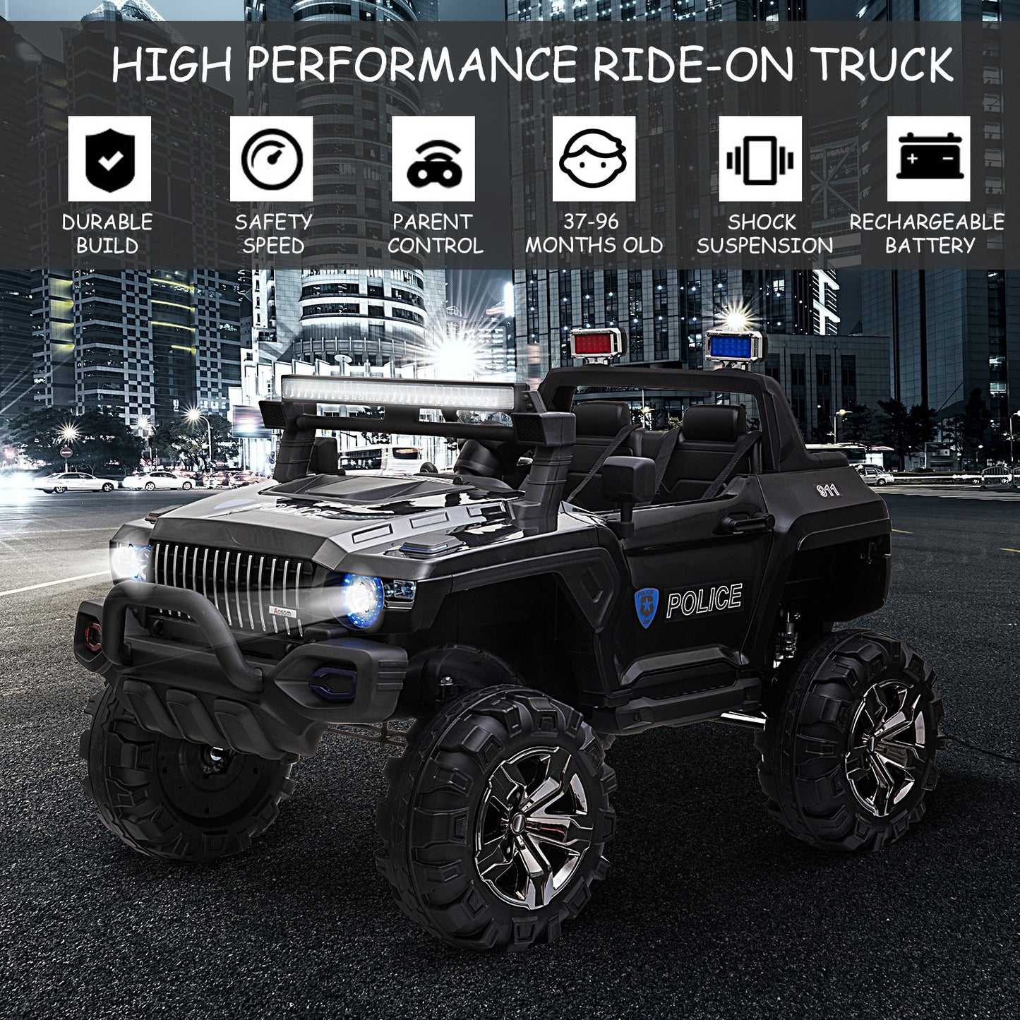 US Local Kids Ride-On Car 12V RC 2-Seater Police Truck Electric Car For Kids with Full LED Lights