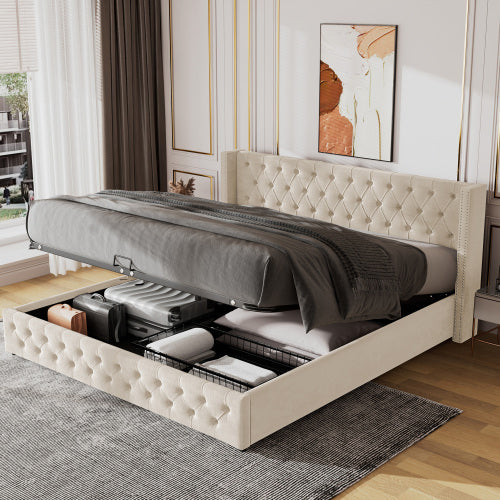 UK Local Upholstered Bed, With Hydraulic Lever, Functional Bed From Storage, 150 X 200 Cm, Without Mattress, Velvet, Beige